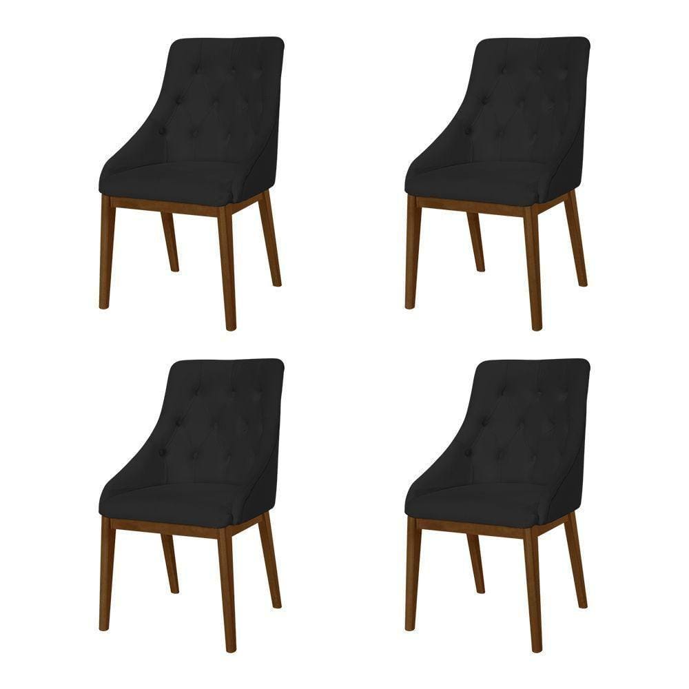 Kit 4 Cadeiras De Jantar Estofada Capitonê Veludo Preto Base Madeira Maciça Imbuia Preto
