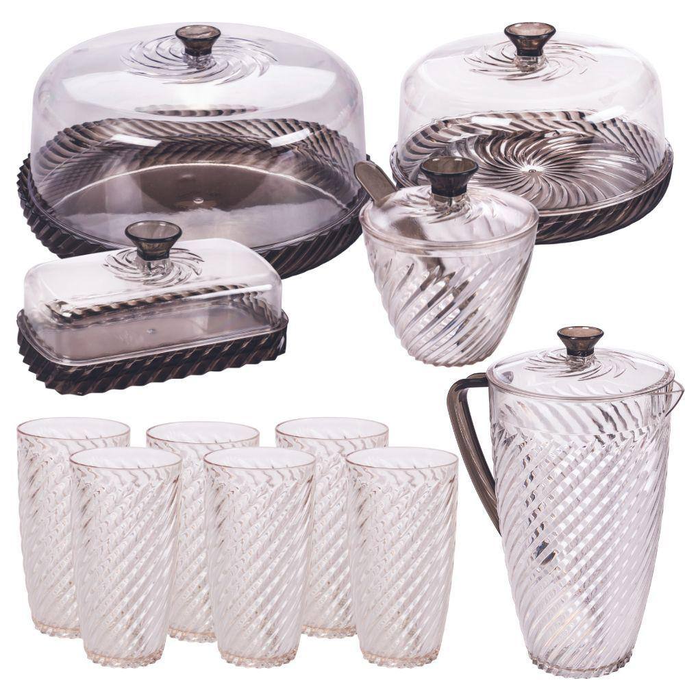 Kit boleira baixa, queijeira, açucareiro, manteigueira, jarra e 6 copos de plástico Cristal Twist preto Plasutil