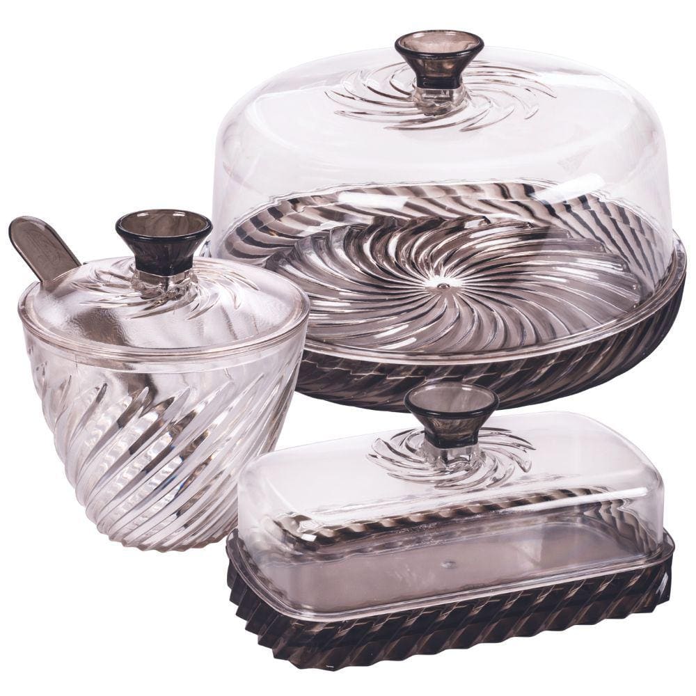 Kit porta manteiga queijeira e açucareiro de plástico Cristal Twist preto Plasutil
