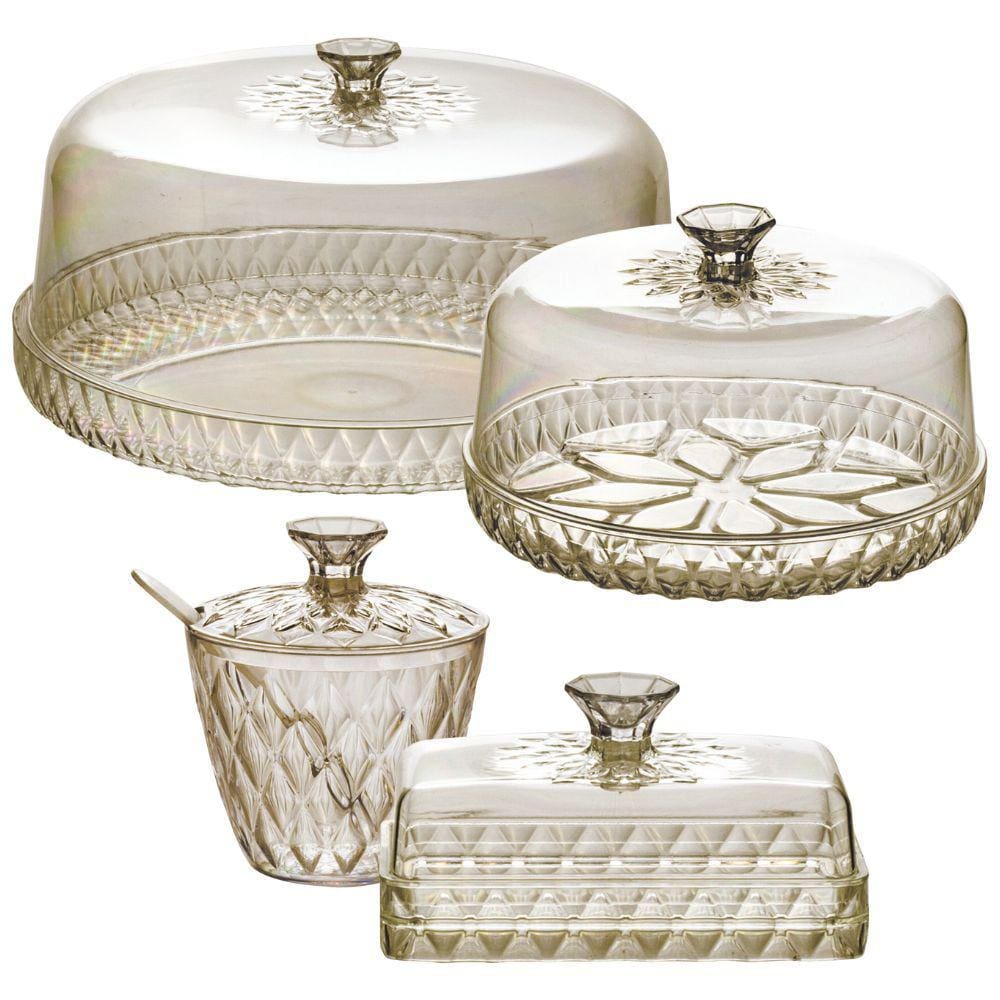 Kit boleira baixa, queijeira, açucareiro e manteigueira de plástico Cristal âmbar Plasutil