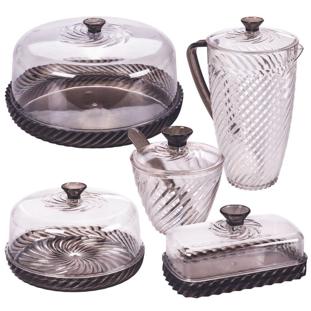 Kit boleira baixa, queijeira, açucareiro, manteigueira e jarra de plástico Cristal Twist preto Plasutil