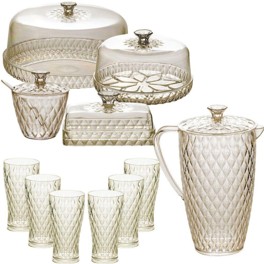 Kit boleira baixa, queijeira, açucareiro, manteigueira, jarra e 6 copos de plástico Cristal âmbar Plasutil