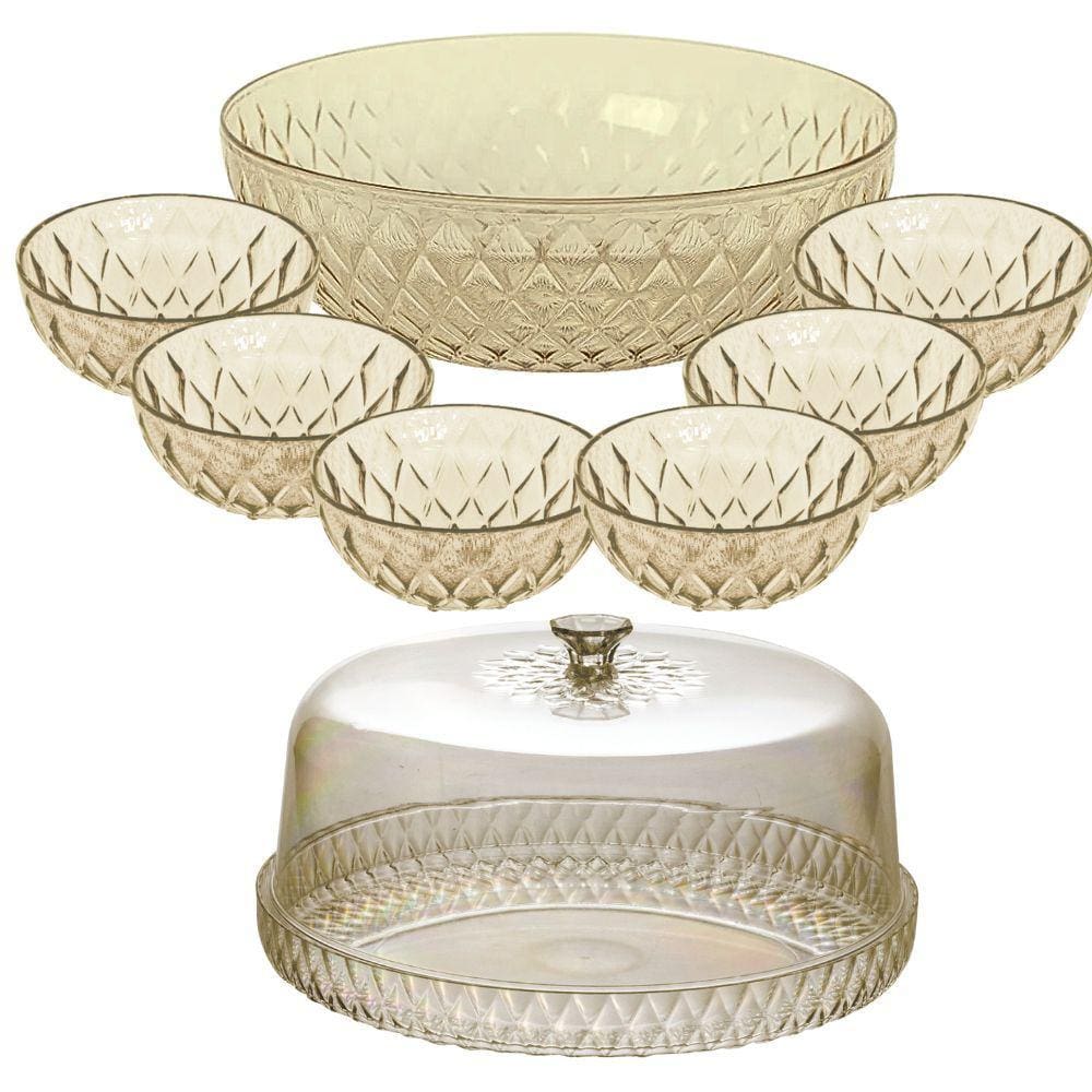 Kit boleira baixa, saladeira e 6 tigelas de plástico Cristal âmbar Plasutil