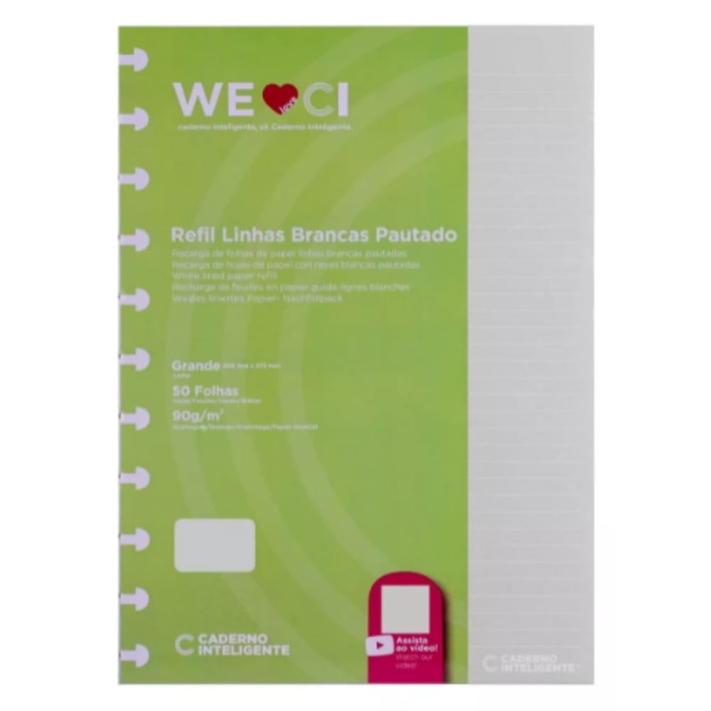 Refil Caderno Inteligente Pautado Linhas Brancas Grande 90g