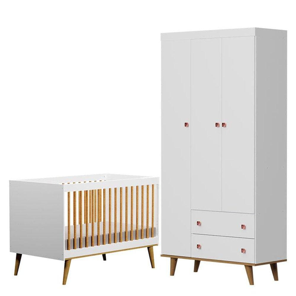 Berço Ligia e Guarda Roupa Fernanda 3 Portas Branco Bétula - Carolina Baby