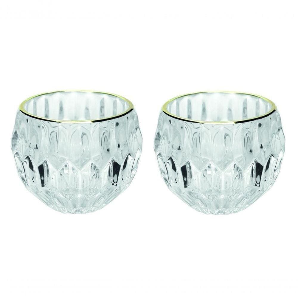 Jogo Porta Velas Castiçal Vidro Facetado Borda Dourado 2 Un