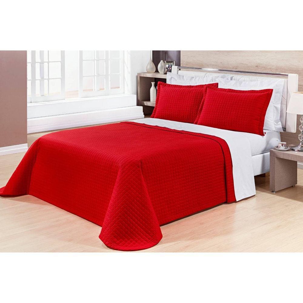 Cobre Leito Colcha Casal Pratic 3 Peças Percal 200 Fios Algodão Matelassado Bernadete Casa Vermelho