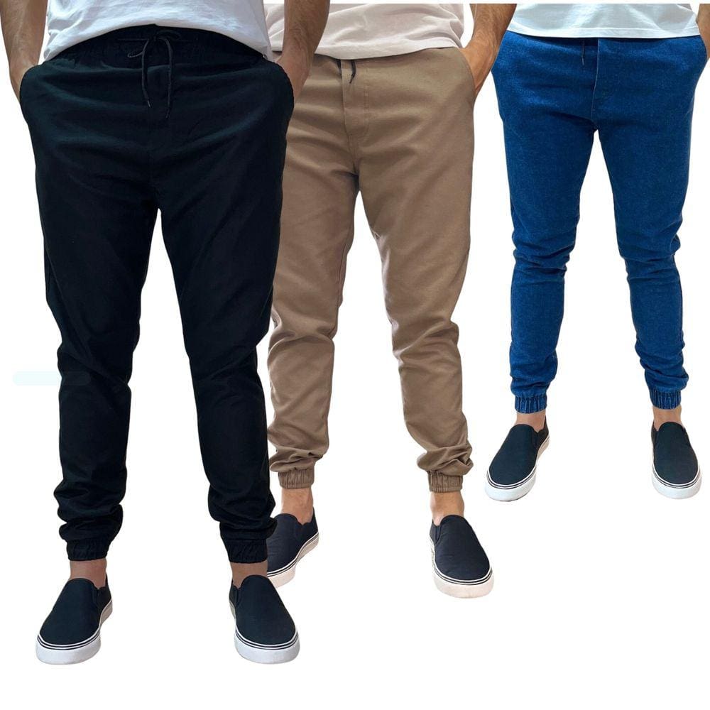 Kit 3 Calça Jogger Masculina Jeans Sarja Com Punho Elástico