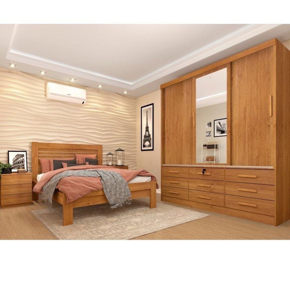 Quarto Completo Guarda Roupa 3 Portas Cama Casal e Mesa de Cabeceira Chicago Tcil Móveis Cinamomo