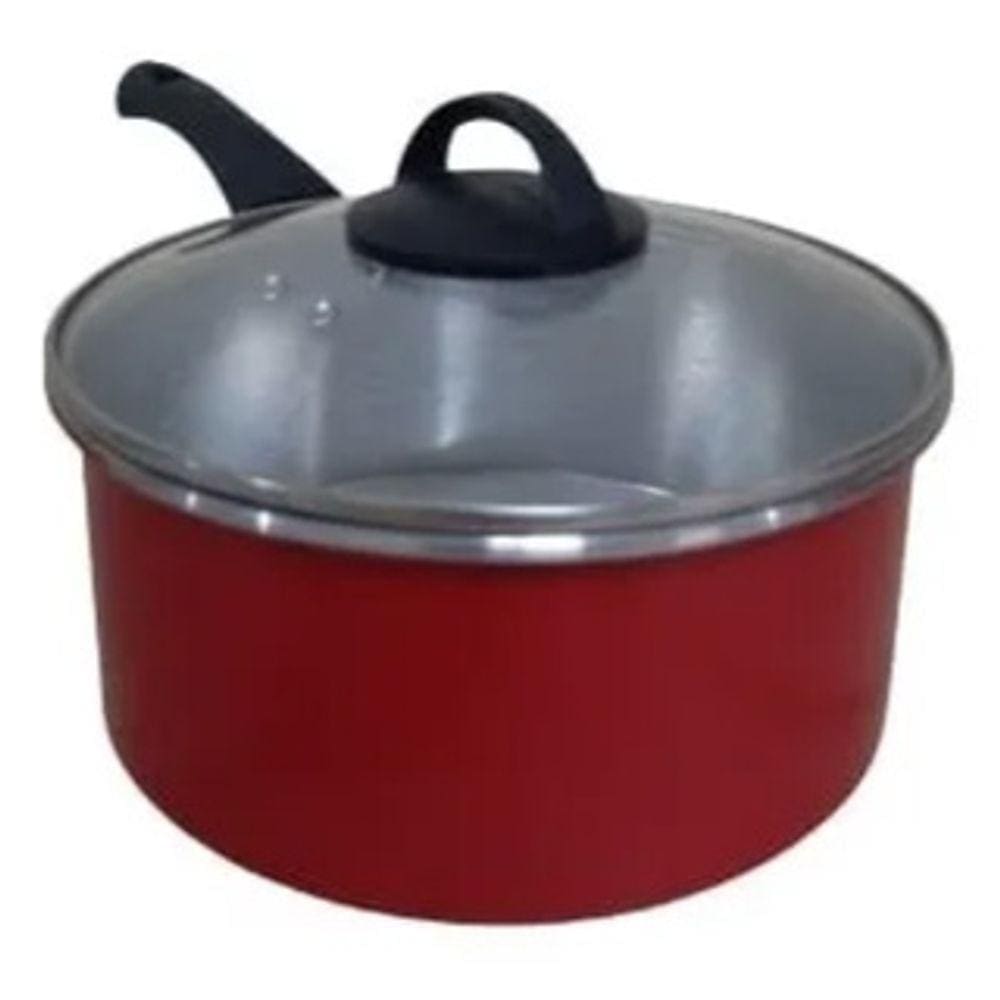 Panela Alumínio Vermelho 16cm Cabo Longo Tampa Vidro 1.5lts