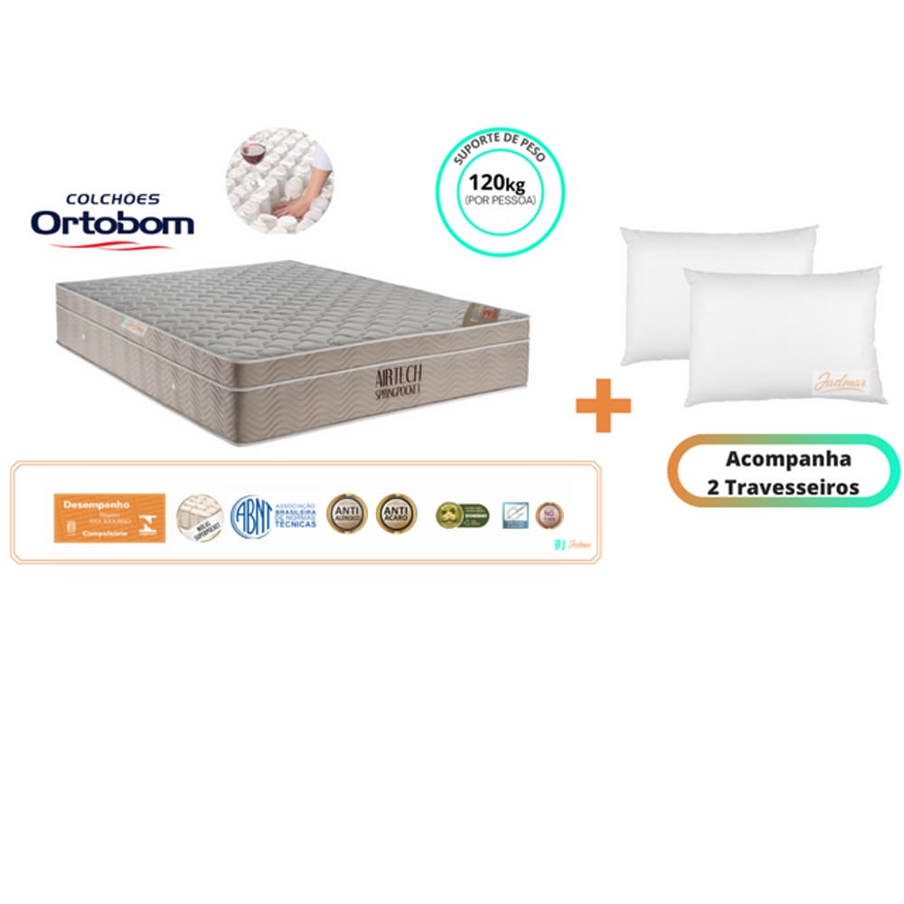 Colchão Ortobom Airtech Casal Padrão Viúva 128x188x30 + 2 Travesseiros de Fibra