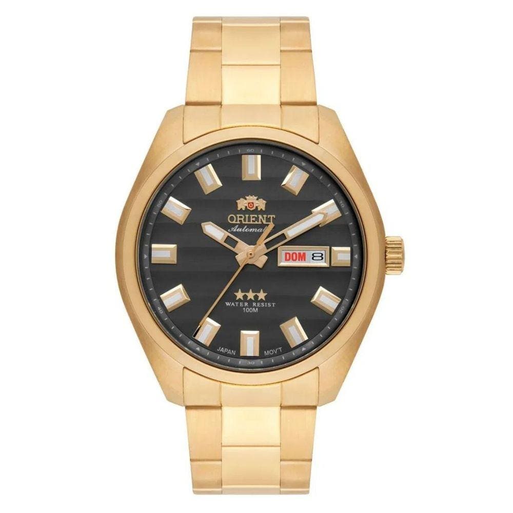 Relógio de Pulso Orient 3 Estrelas Masculino Mecânico Automático Casual Calendário Duplo Prova Dágua Aço Inóx Casual Dourado 469GP076F