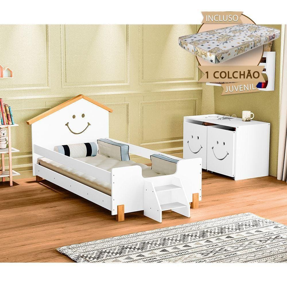 Cama De Criança Com Colchão Juvenil Smile Alegra - Branca E Mel - Cor: Branco
