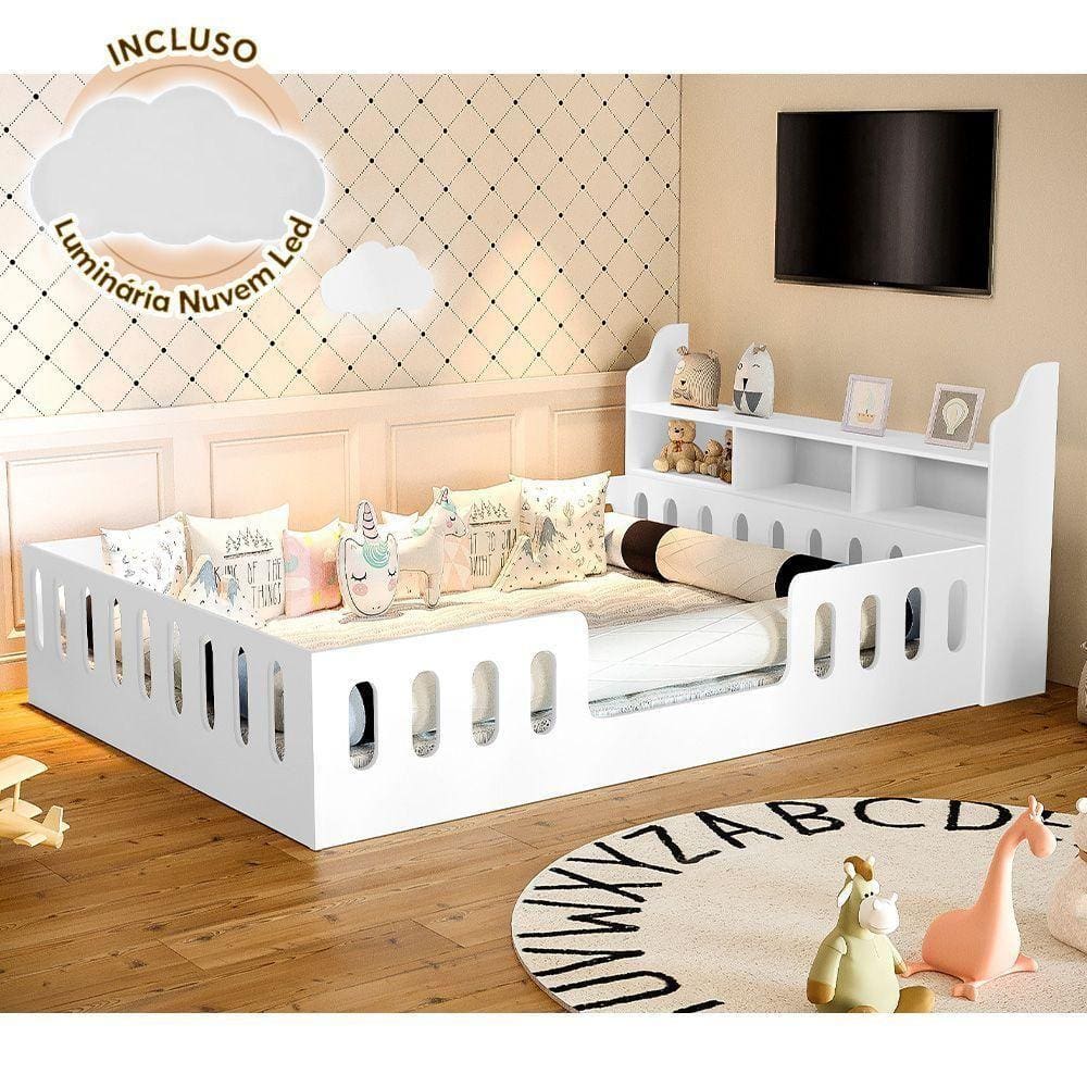 Cama Infantil Casal Com Nicho Helo + Luminária Led - Branca - Cor: Branco