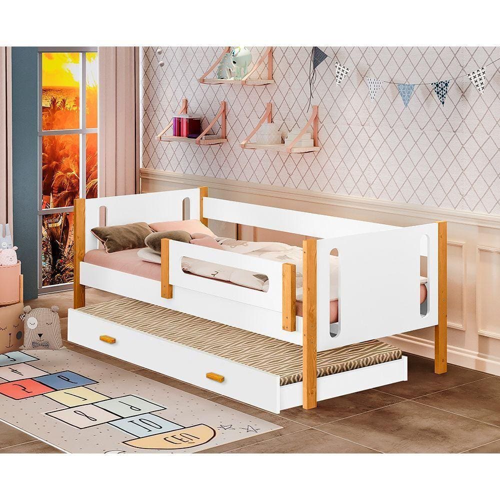 Bicama Babá Infantil Mirela Branco/Mel Com Grade De Proteção - Divaloto Móveis Branco