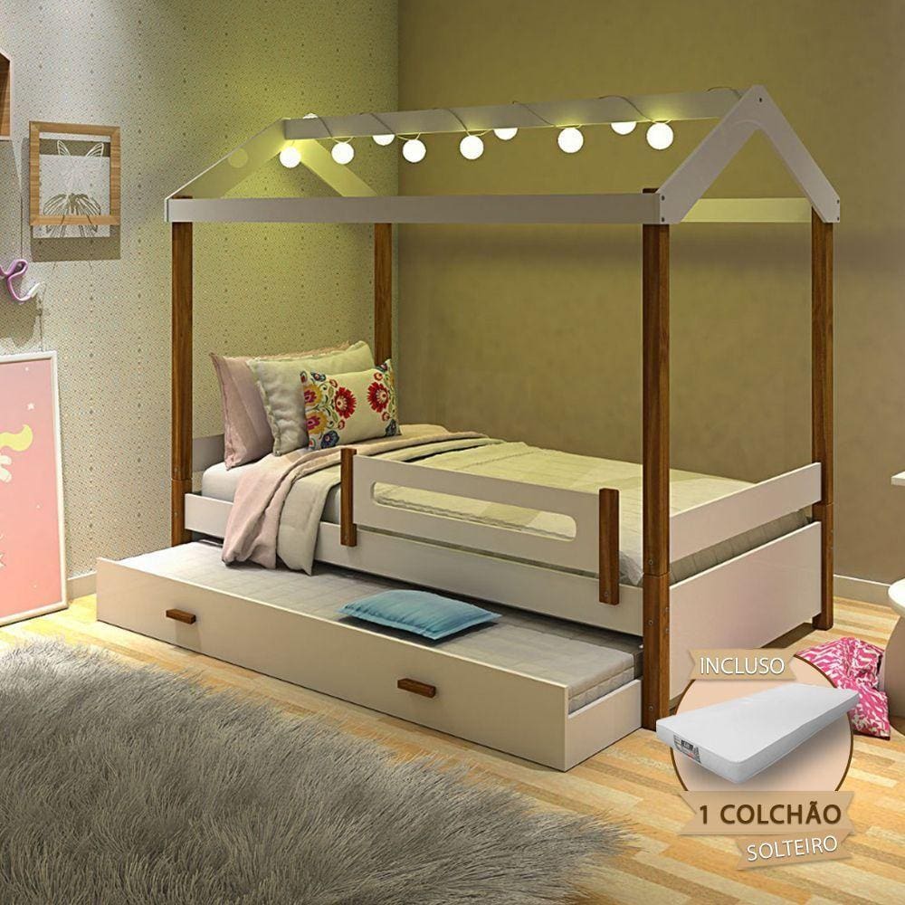 Cama Solteiro Com Auxiliar E Led Casinha Montessoriana Eliz Branco/Mel + 2 Colchões - Cor: Branco