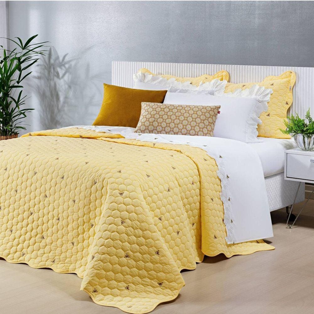 Colcha Super King 3 Peças Percal 200 Fios Bordado Melzi Bernadete Casa Amarelo