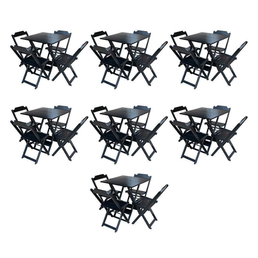 Kit 7 Jogos De Mesa Dobravel Com 4 Cadeiras De Madeira 70X70 Para Restaurante E Bar - Preto