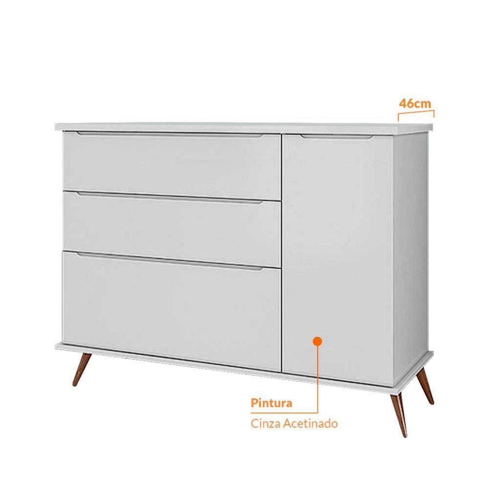 Cômoda Sapateira 3 Gavetas 1 Porta Retrô Infantil Com Pés Melinda Cza - Phoenix Baby