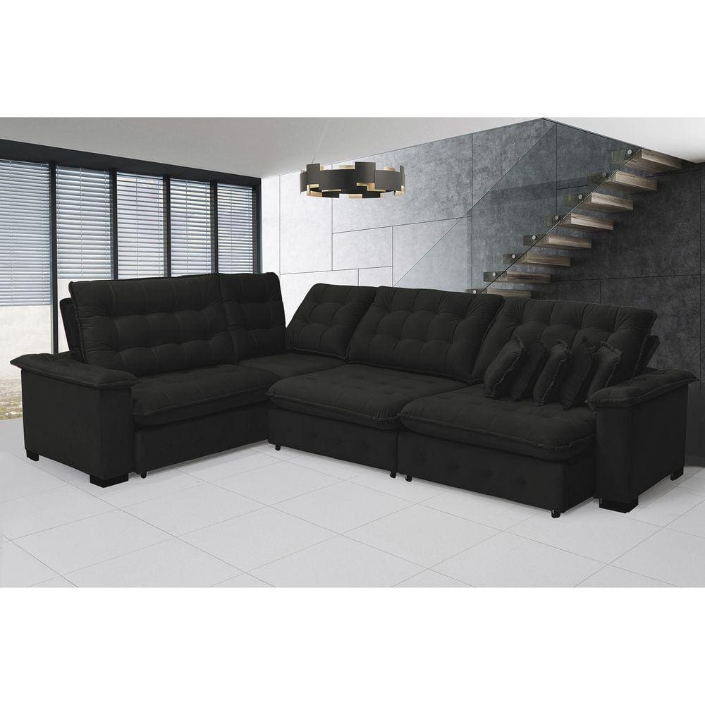 Sofá Manchester 2.50x3.10m de Canto, Retrátil e Reclinável - Preto