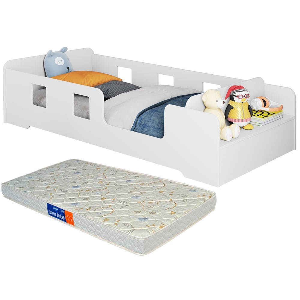 Cama Infantil Montessoriana com Grade Proteção e Prateleira Com Colchão Manu Branco