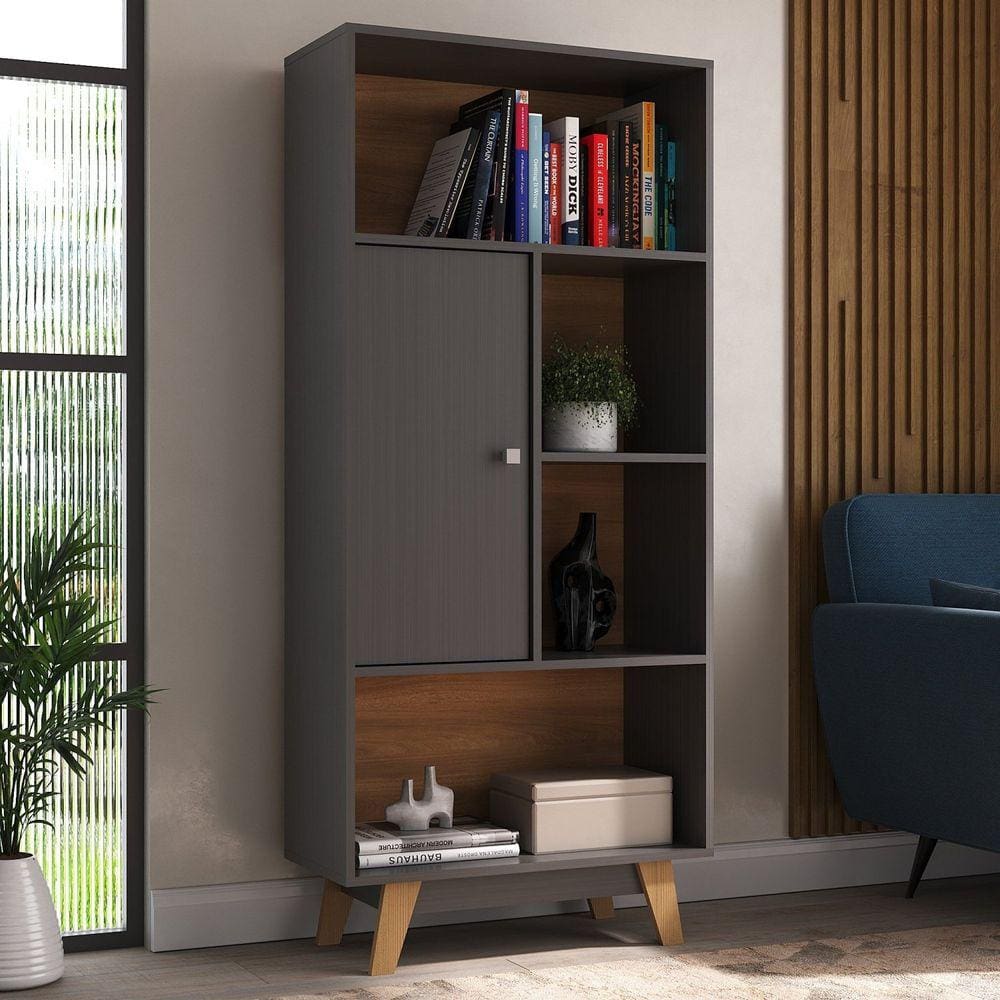 Estante Livreiro 1 Porta 4 Nichos Grafite/Nogal