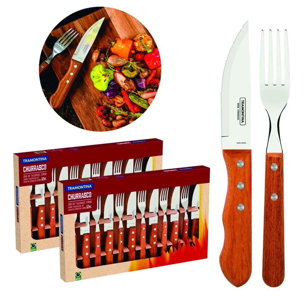 Kit 2 Jogos De Talheres Churrasco Aço Inox 24 Pçs Tramontina