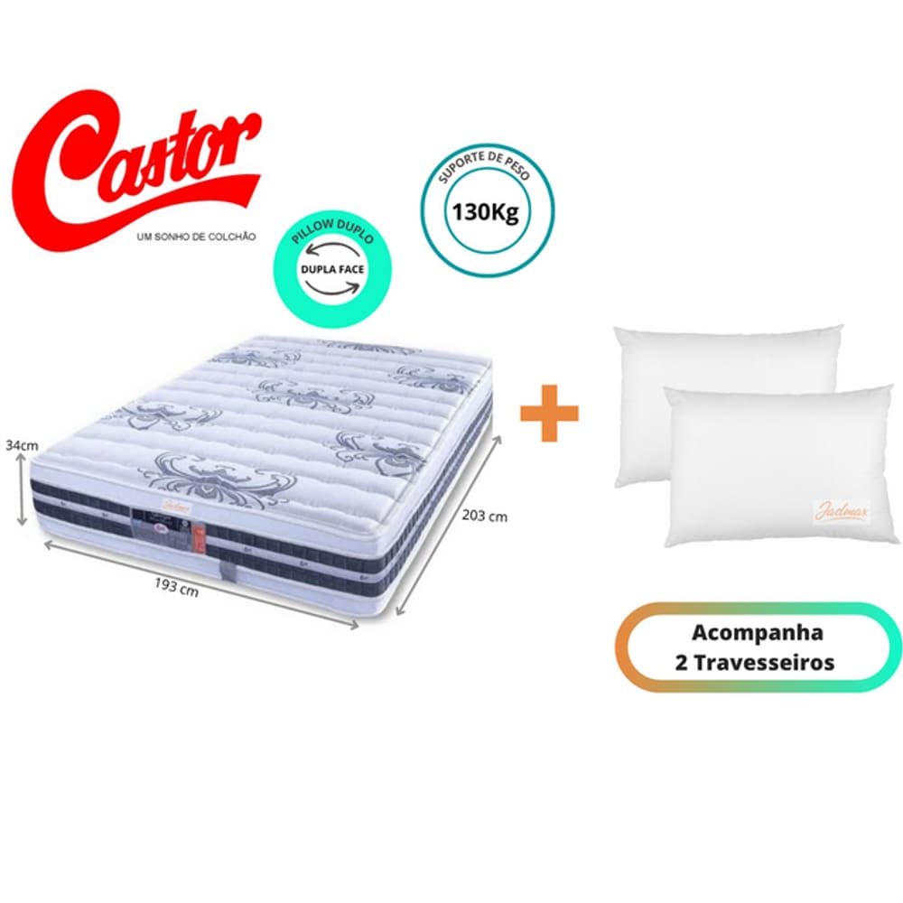 Colchão Castor Silver Star Tecnopedic Dupla Face King 193x203x34 + 2 Travesseiros Fibra