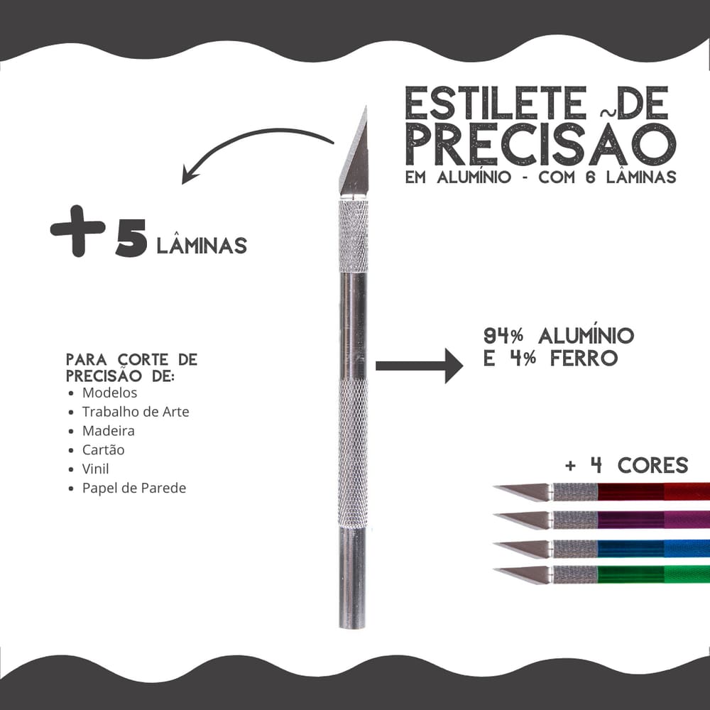 Estilete De Precisão Corte Bisturi C/6 Laminas Prata - Nybc