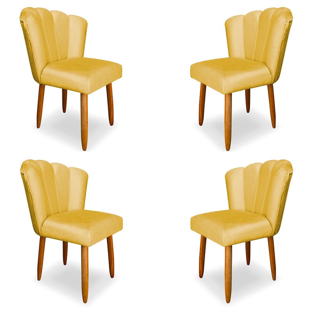 Kit 4 Cadeiras de Jantar Pétala Estofada Pés Palito Veludo Amarelo - Montanaris Decor