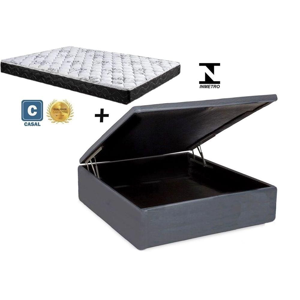 Cama Box Baú Casal Resistence Sintético Cinza + Colchão Casal Resistence Espuma D23 Com EPS 14x138x188