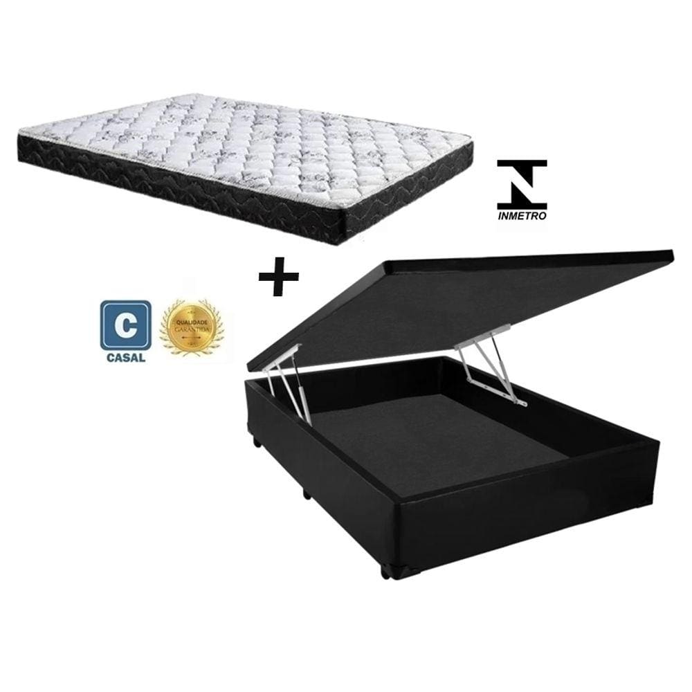 Cama Box Baú Casal Resistence Sintético Preto + Colchão Casal Resistence Espuma D33 Com EPS 30x138x188