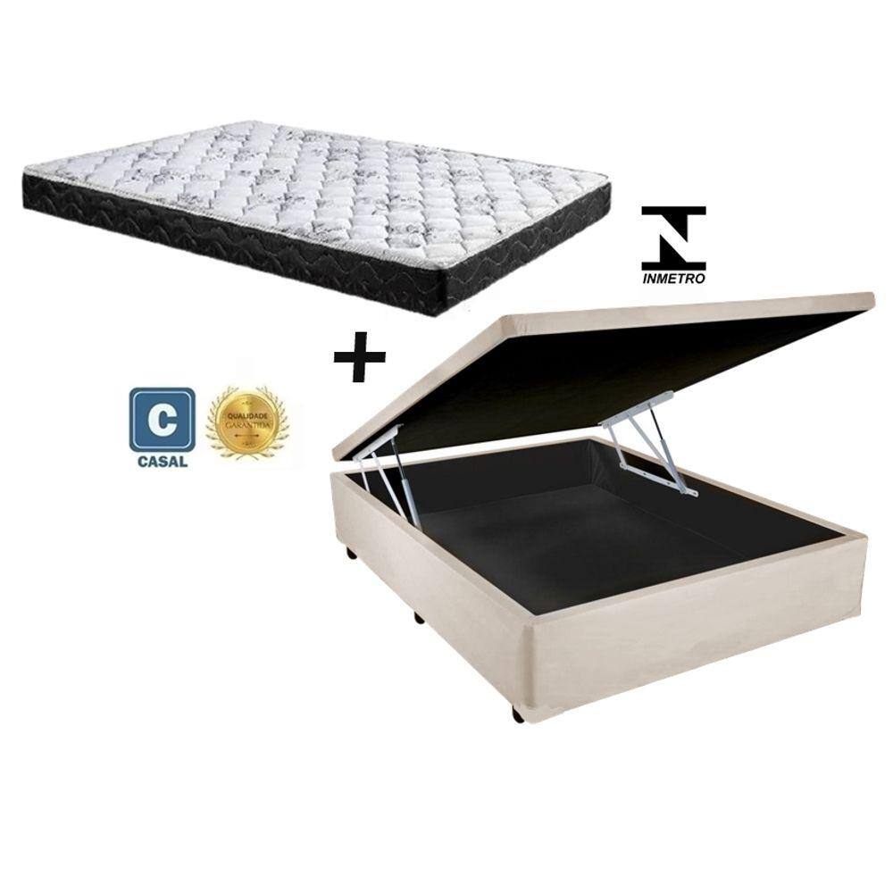 Cama Box Baú Casal Resistence Sintético Bege   + Colchão Casal Resistence Espuma D33 Com EPS 16x138x188