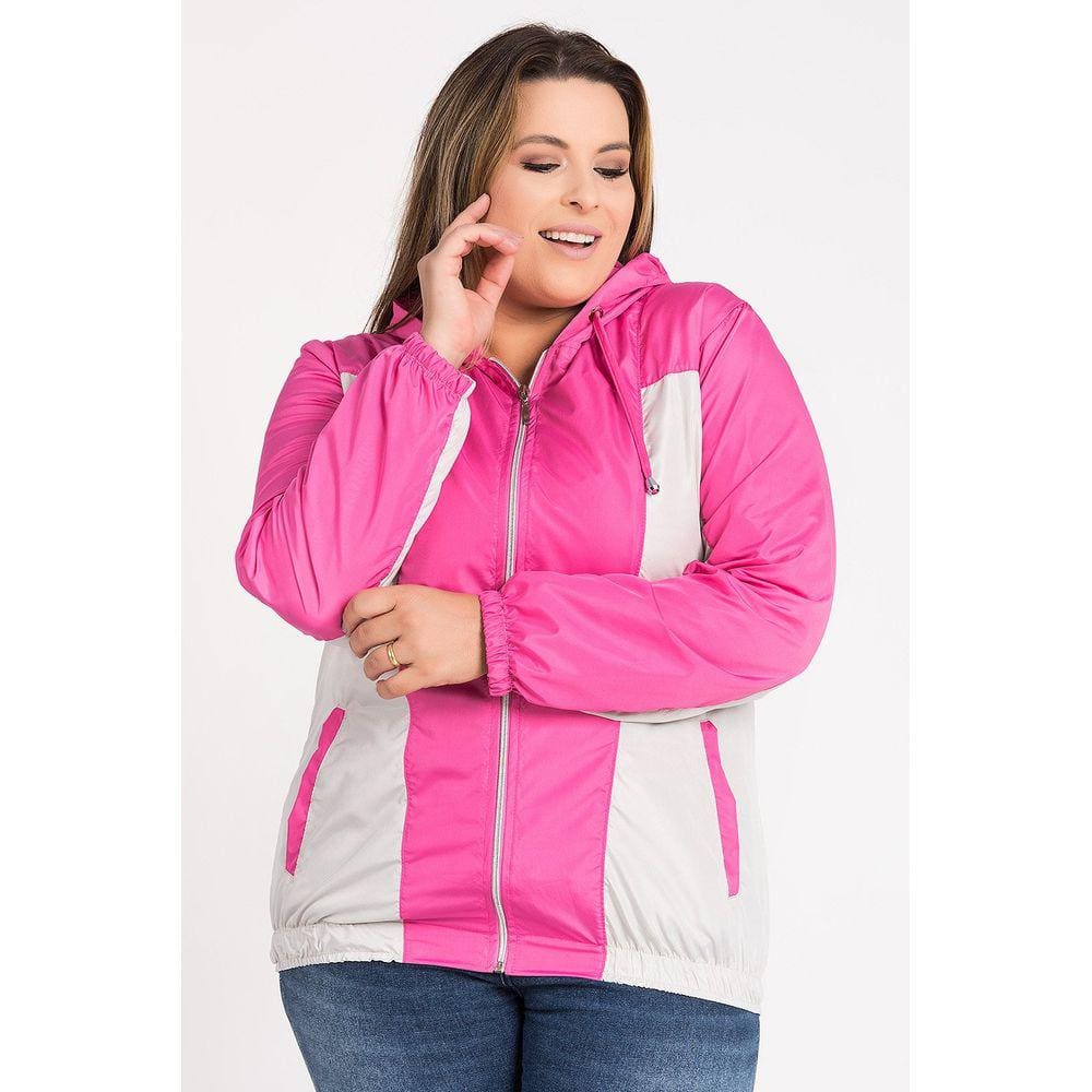 Jaqueta Feminina Plus Size Corta Vento Capuz Fechamento Zíper Bicolor - Serena