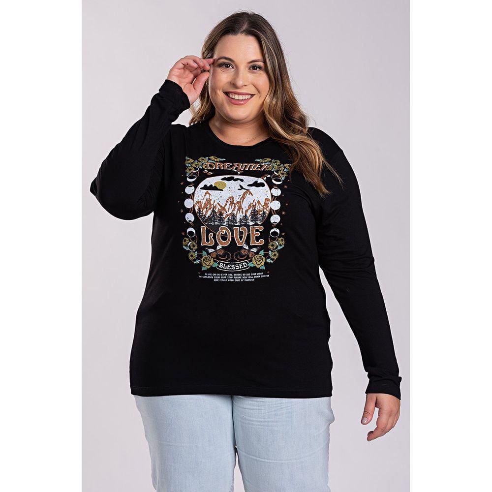 Blusa Feminina Manga Longa Plus Size Visco Estampada "Dreamer Love" - Serena