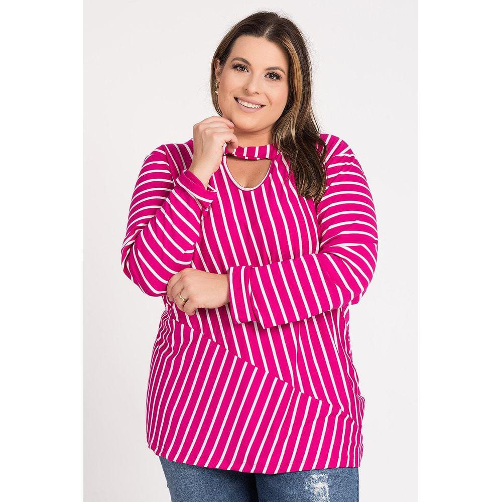 Blusa Feminina Manga Longa Visco Listrada Vazado Abaixo Gola - Serena