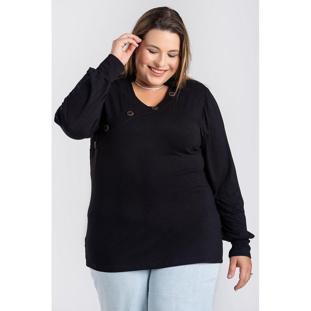 Blusa Feminina Plus Size Mangas Bufantes com Golinha e Recorte Frente com Botões - Serena
