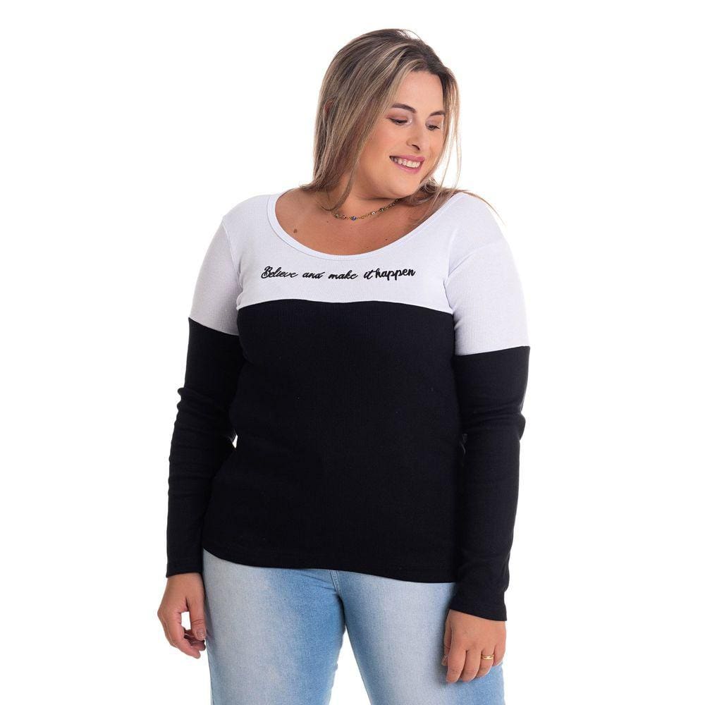 Blusa Feminina Manga Longa em Malha Ribana Canelada Cor Contrastante Aplique