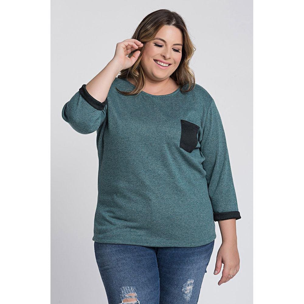 Blusão Feminino Plus Size Malha Tricot Luréx Bolso Frente - Ki Beleza