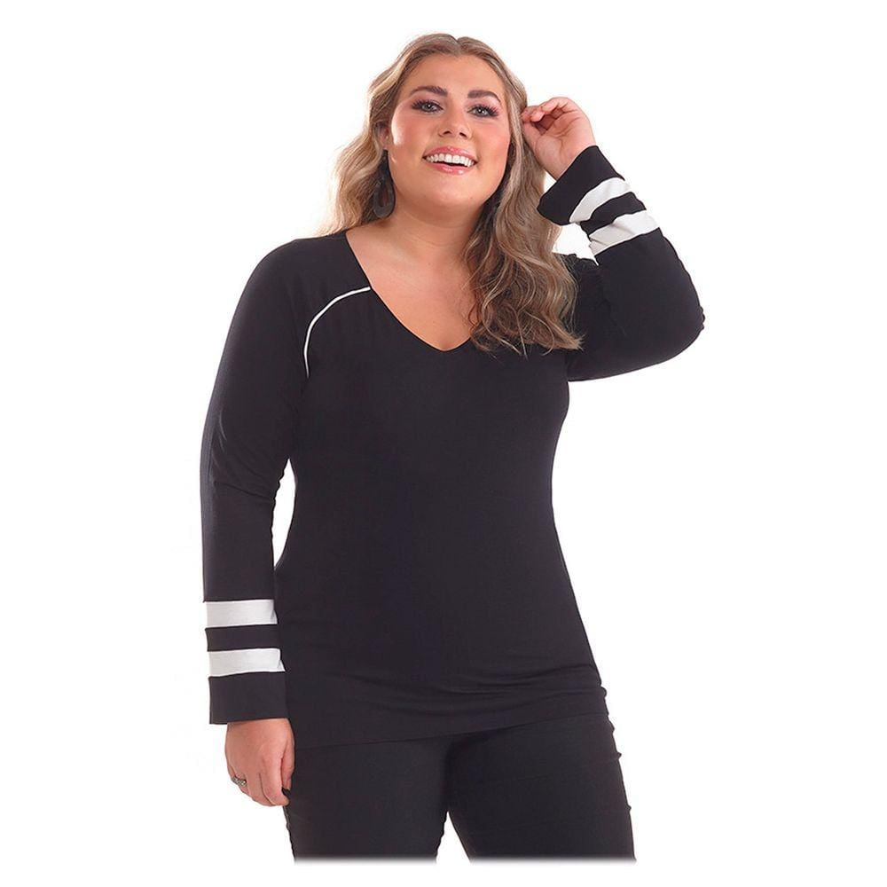 Blusa Feminina Manga Longa em Visco com Detalhe na Manga Gola "V"