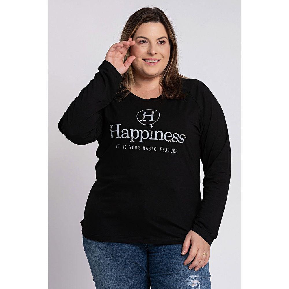 Blusa Femina Plus Size Visco Estampa Aplique Manga Raclan - Ki Beleza
