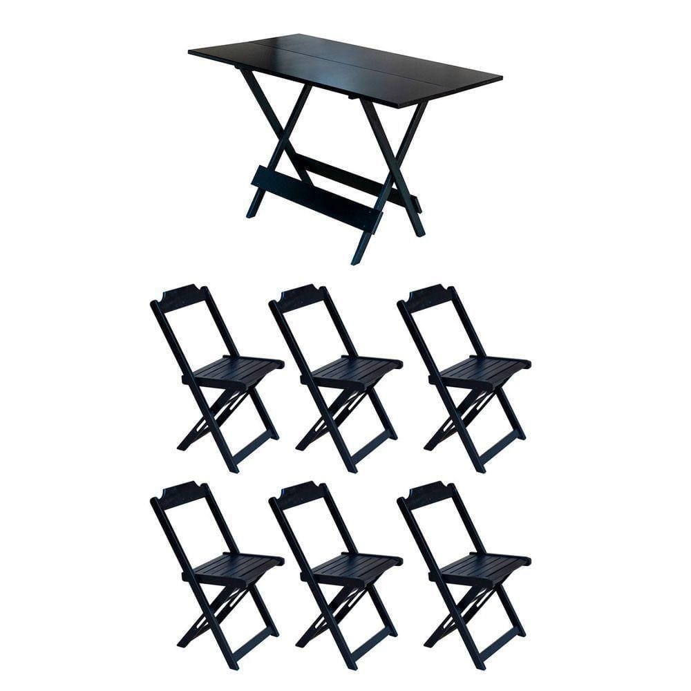 Conjunto Mesa De Madeira Dobravel 1,20X70 Preto 6 Cadeiras - Preto