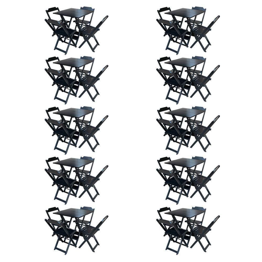 Kit 10 Jogos De Mesa Com 4 Cadeiras De Madeira Dobravel 60X60 - Preto - Preto