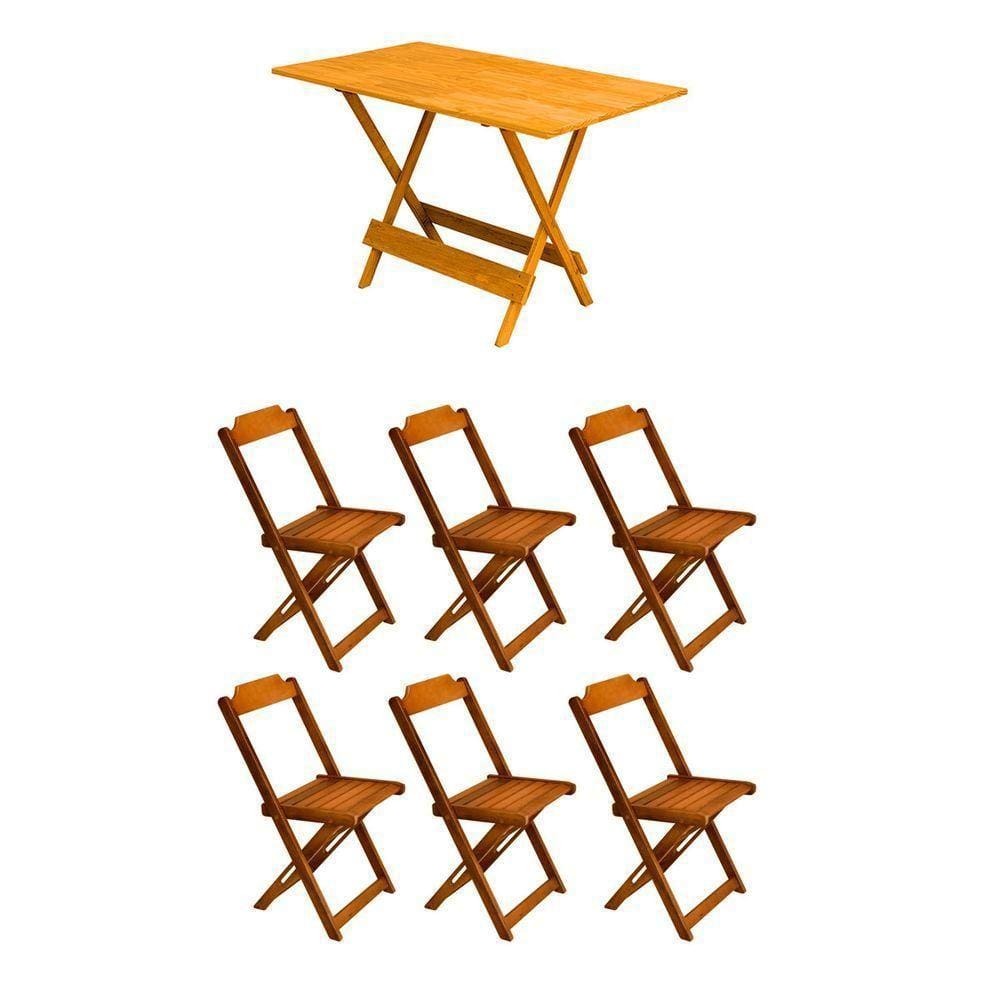 Jogo De Mesa Dobrável 120X70 Em Madeira Maciça Com 6 Cadeiras - Mel - Marrom