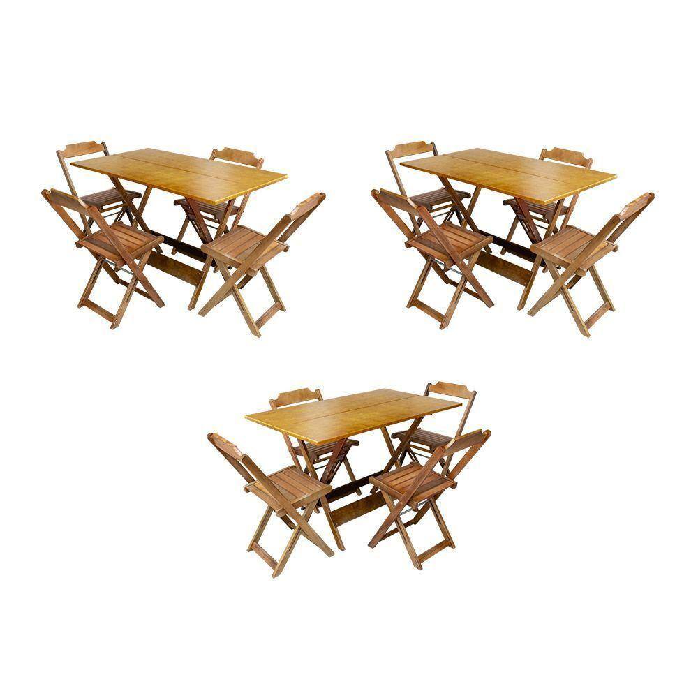 Kit 3 Mesas Retangulares Dobraveis Em Madeira Maciça 120X70 Com 4 Cadeiras - Mel - Marrom