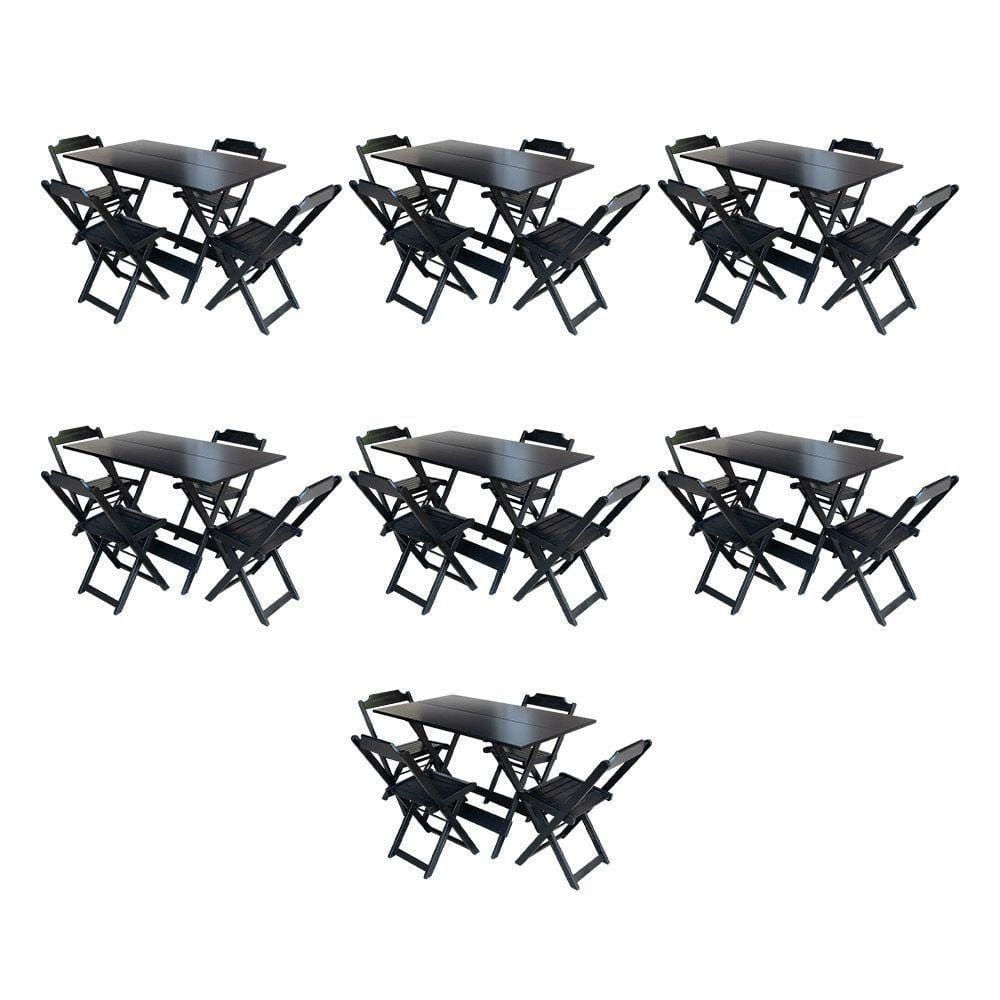 Kit 7 Conjuntos De Mesa Dobravel Com 4 Cadeiras De Madeira 120X70 Para Restaurante E Bar - Preto