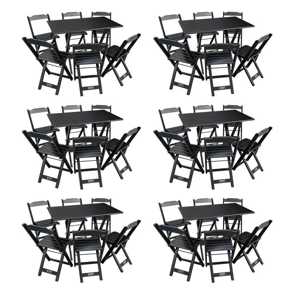 Kit 6 Conjuntos De Mesa Dobráveis De Madeira 70x110cm Com 6 Cadeiras Preta