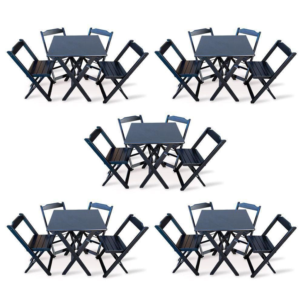 Kit De 5 Conjuntos De Mesa Dobrável 60x60 Com 4 Cadeiras Preto - Cor: Preto