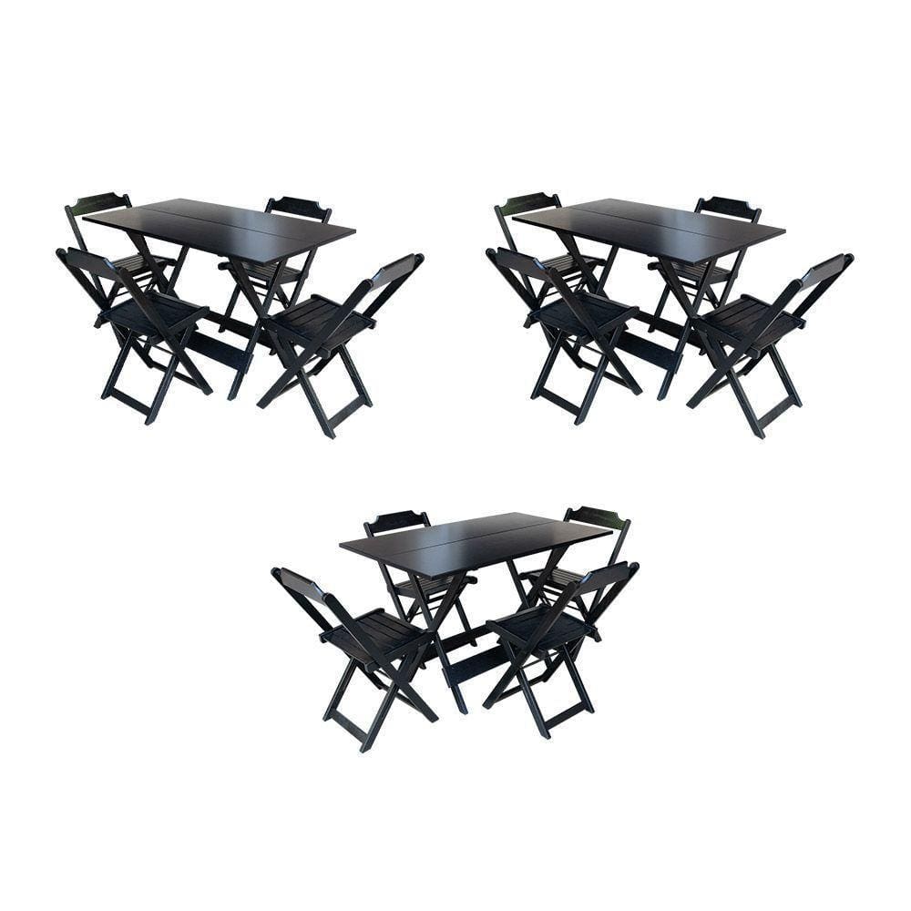Kit 3 Mesas Retangulares Dobraveis Em Madeira Maciça 120X70 Com 4 Cadeiras - Preto - Preto