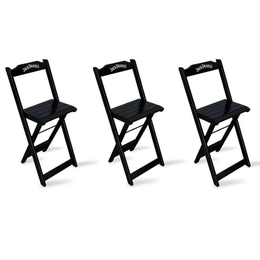Kit 3 Banquetas Bistrô De Madeira Dobravel Jack Daniel`s Preta - Cor: Preto